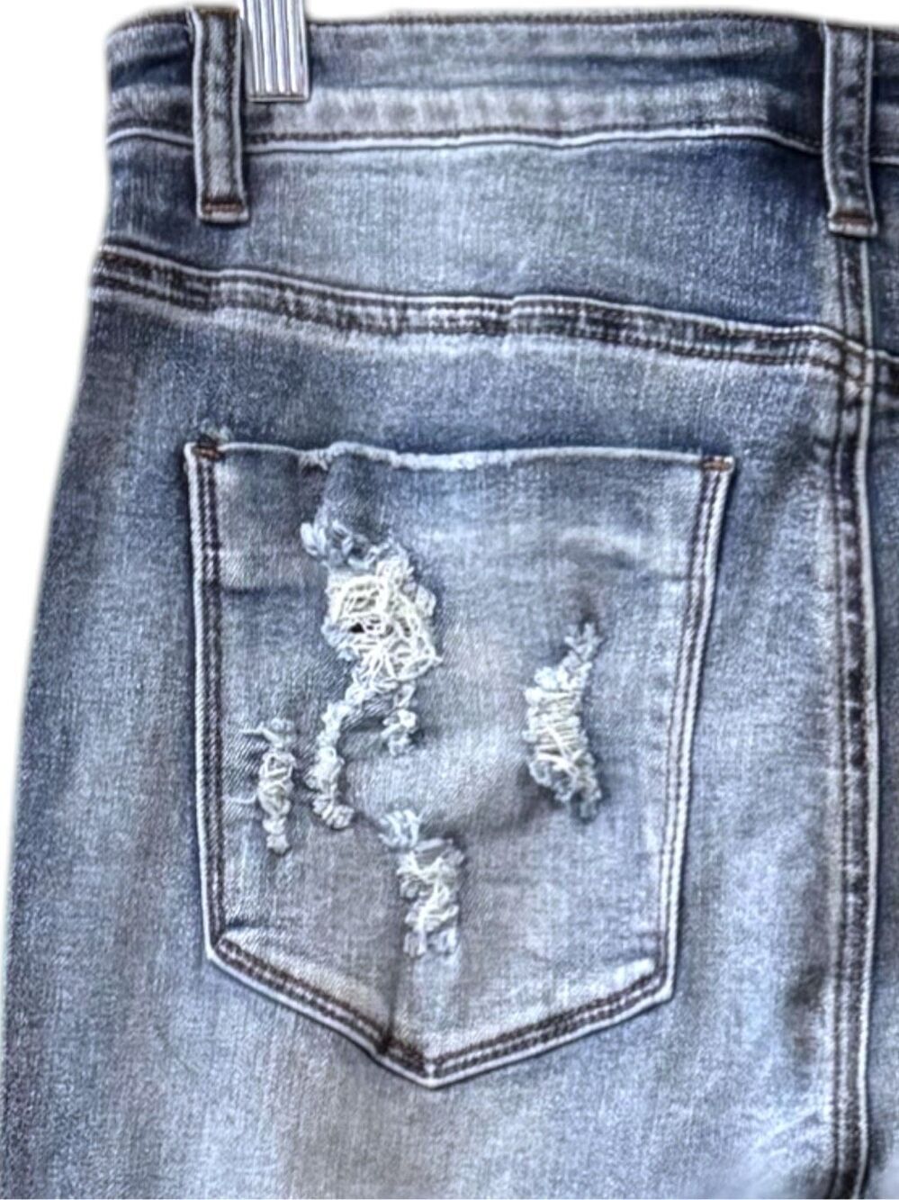 Indigo Reign High Rise Button Fly Distressed Flare Jeans Med Wash Stretch Denim - Picture 14 of 14
